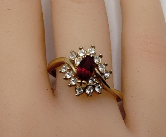 Vintage Gold Tone Cocktail Fashion Red White Stone Ring Sz 9.5