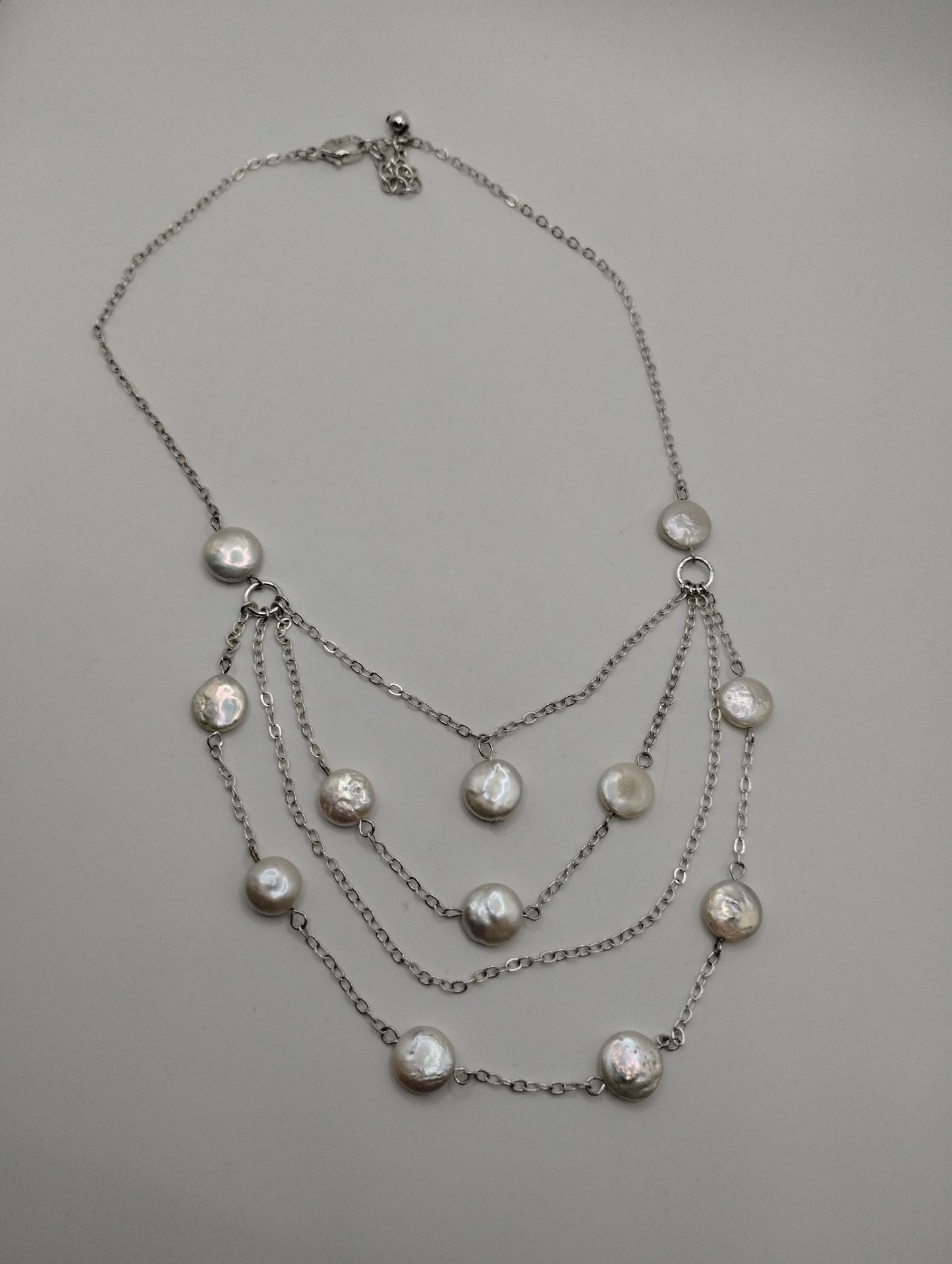 Silver Tone Faux Flat Pearl Multi Stran Chain Necklace