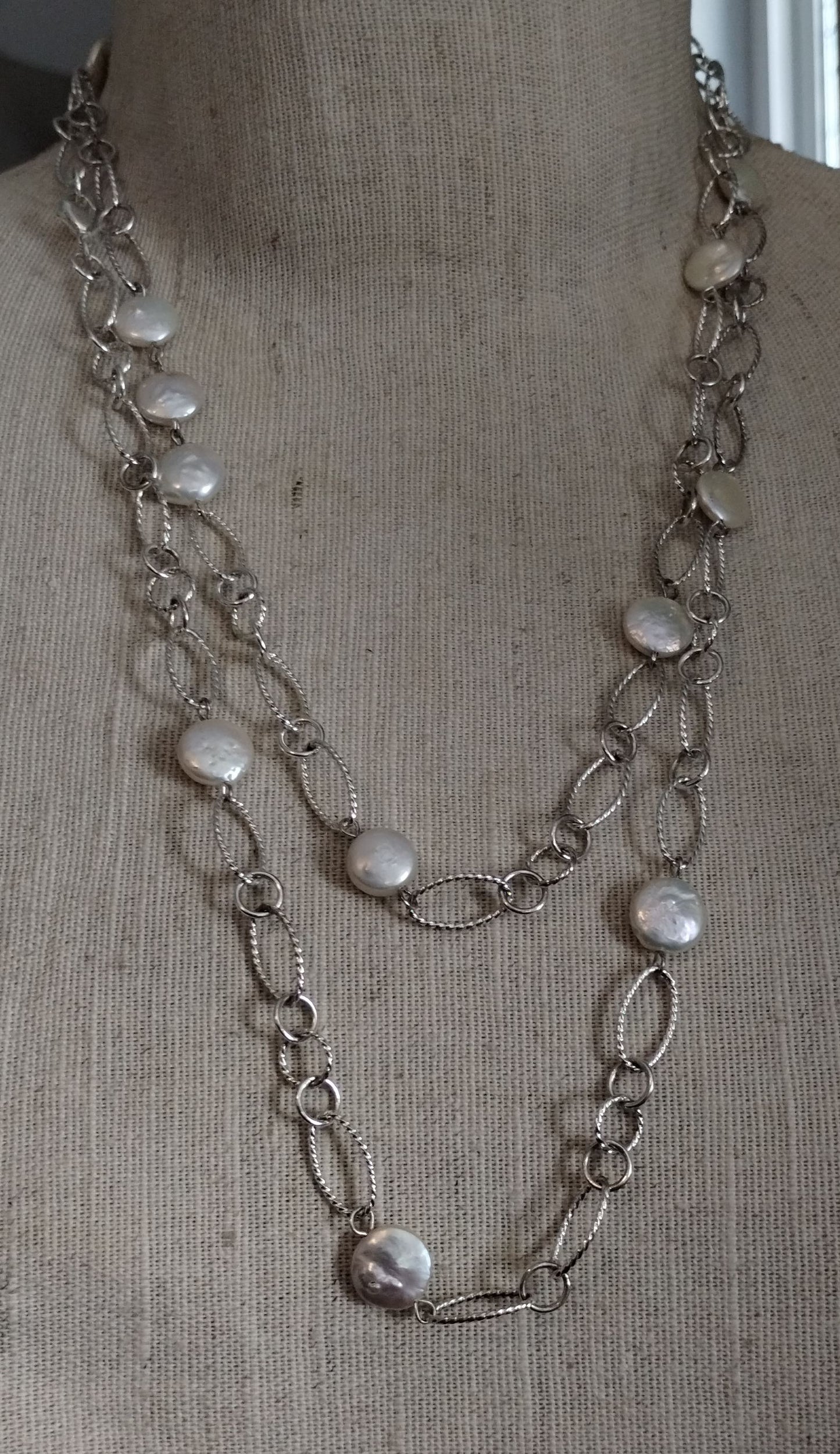 Silver Tone Faux Disk Pearl Oval Chain Necklace Sterling Silver 925 Earring Set