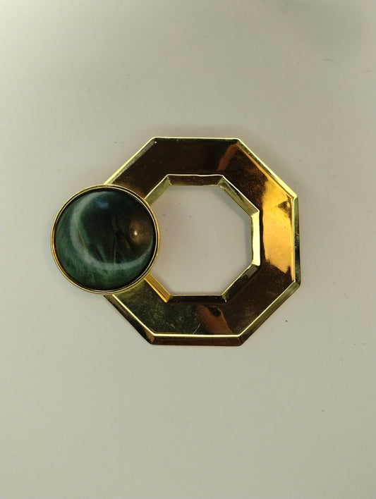 Vintage 80s LARGE Enamel Cabochon Gold Tone Geometric Brooch Pin