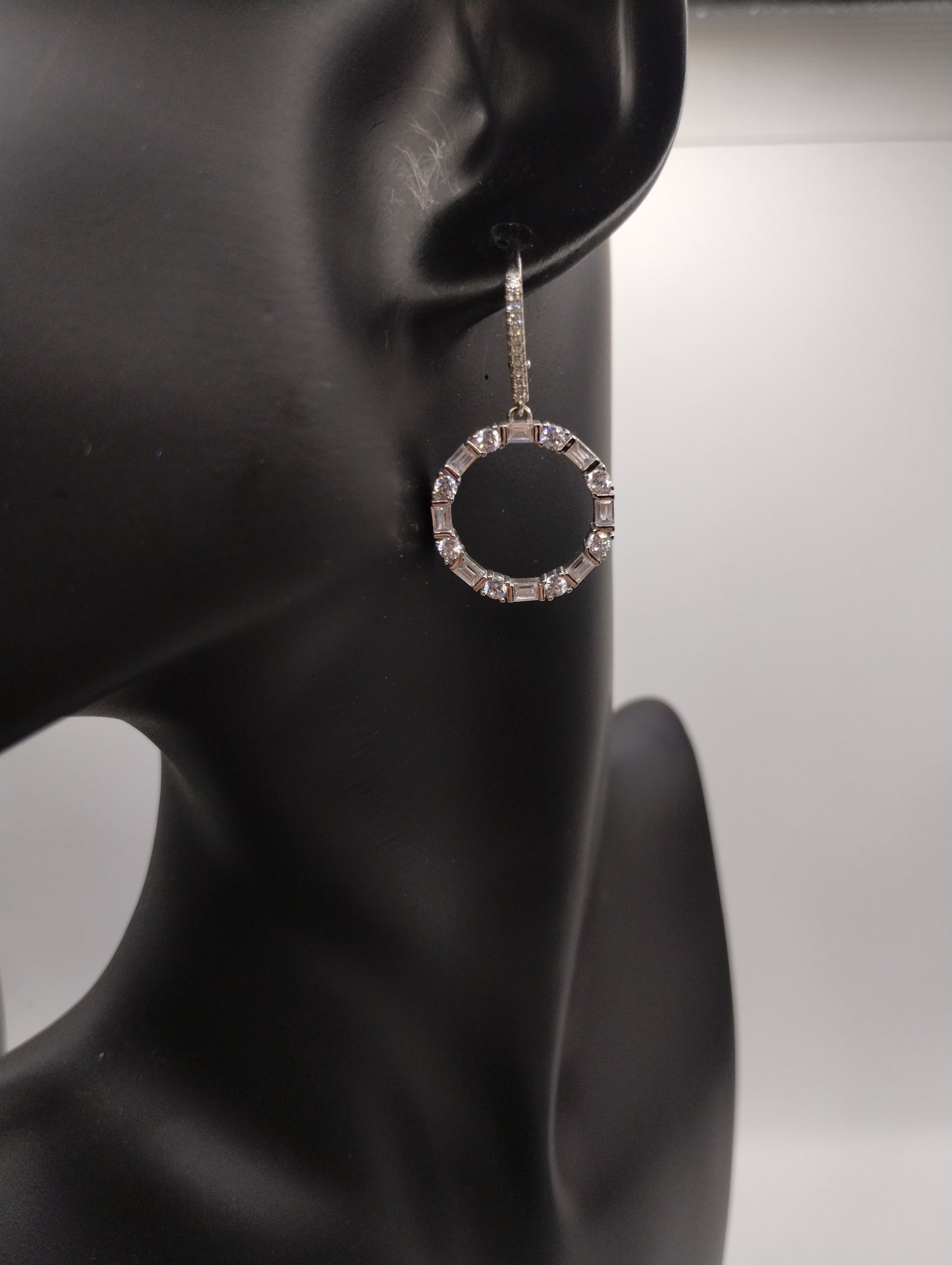Sterling Silver 925 Dangly Round Emerald Cut Rhinestone Drop Earrings