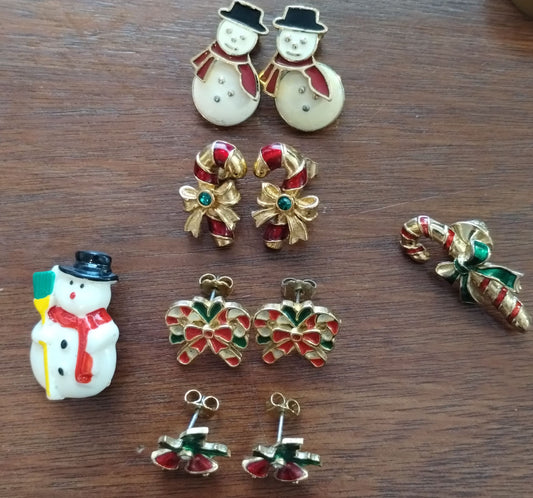 Vintage Lot Avon Snowman & Candy Cane Gold Tone & Enamel Earrings