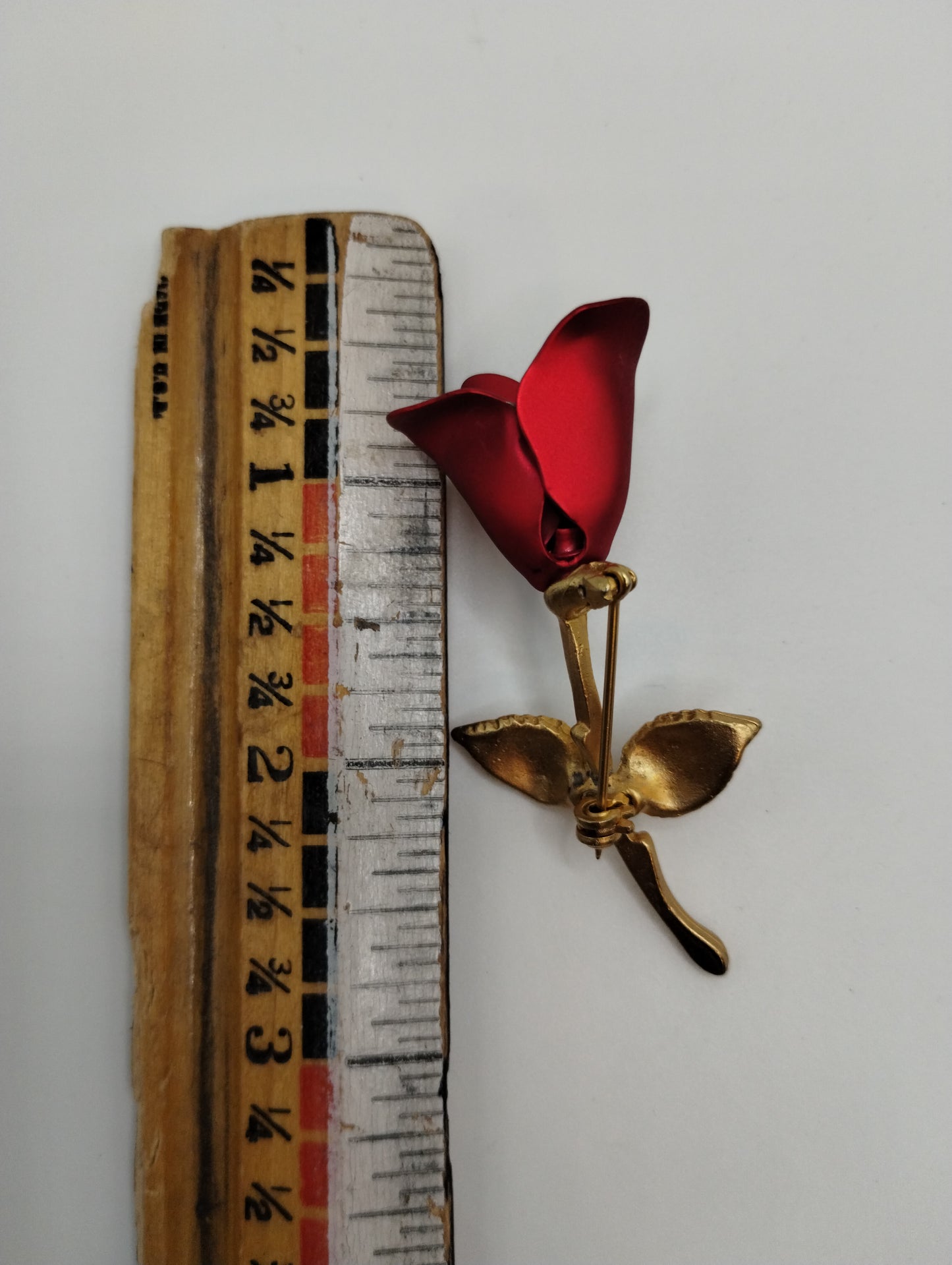 Vintage Gold Tone Red Enamel Rose Flower Pin Brooch