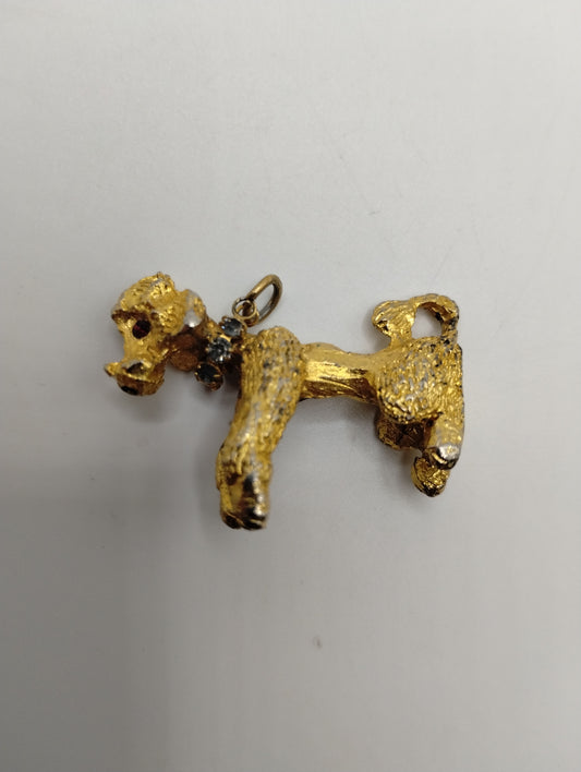 Vintage Gold Tone Textured Poodle Dog Rhinestone Collar Necklace Pendant