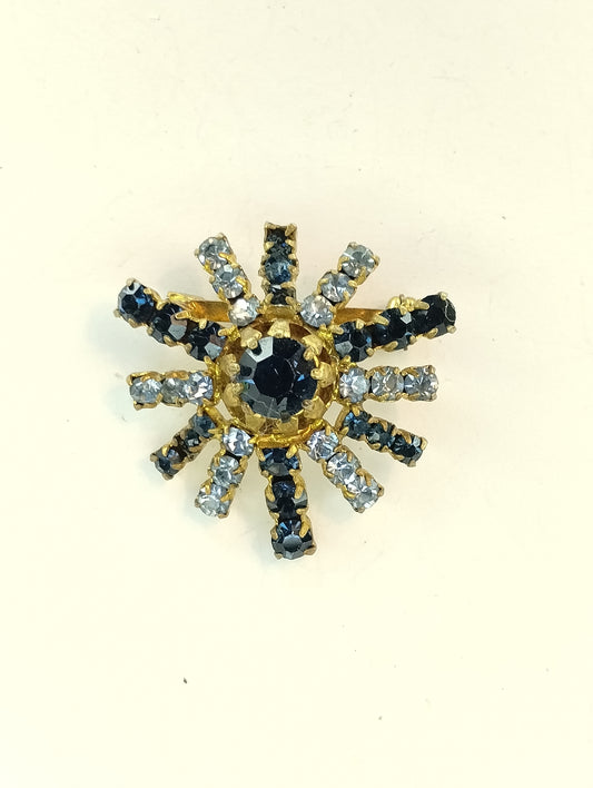 Vintage Austria Gold Tone Dark Light Blue Rhinestone Starburst Brooch Pin