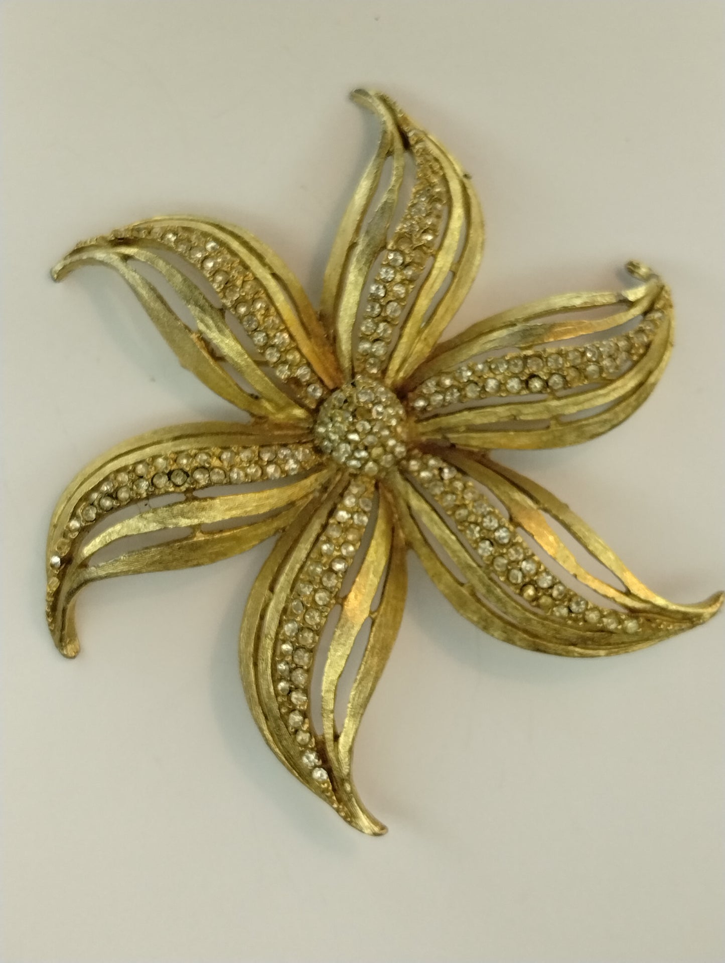 Vintage LARGE Brushed Gold Tone Rhinestone Flower Brooch Pin