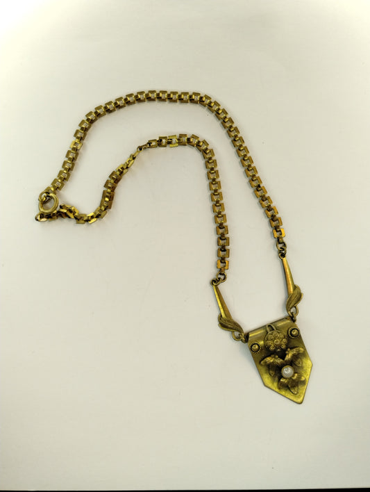 Vintage Art Nouveau Brass Tone Seed Pearl Chain Link Necklace