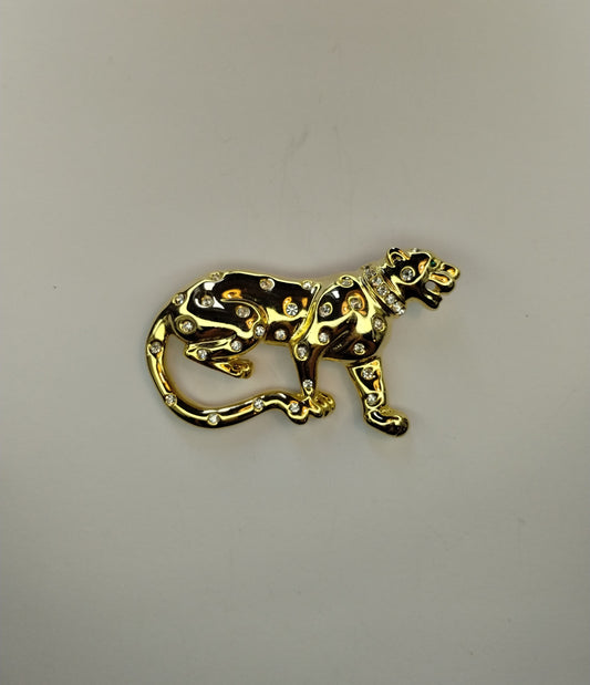 Vintage Gold Tone Rhinestone Green Eyes Cheetah Panther Cougar Brooch Pin