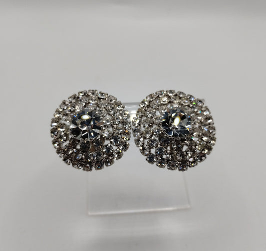 Vintage Austria Silver Tone Rhinestone Crystal Cluster Domed Clip On Earrings