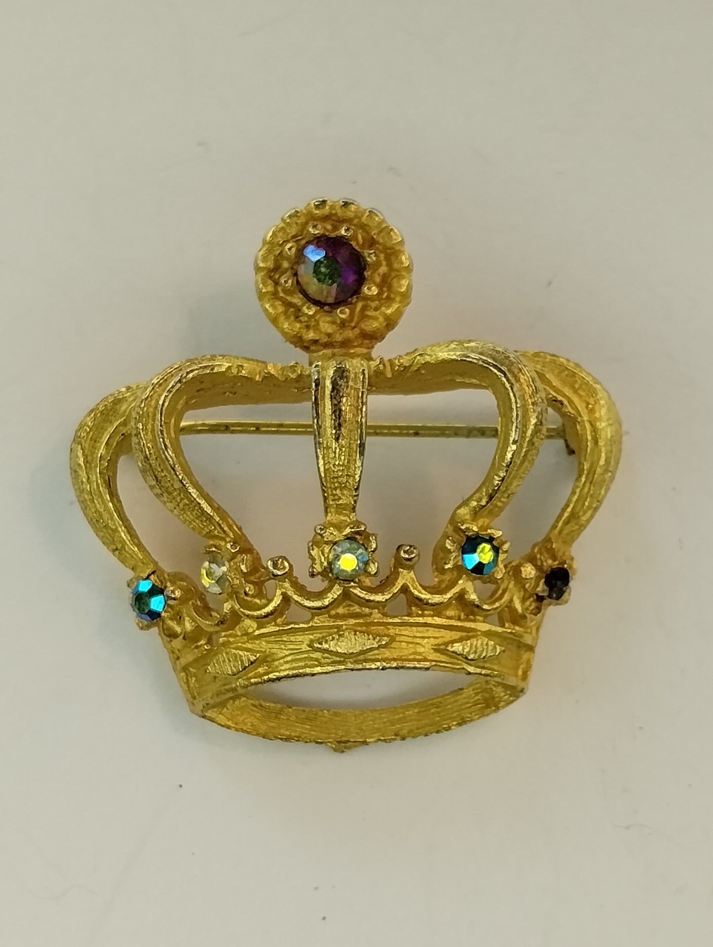 Vintage Brushed Gold Tone AB Aurora Borealis Crown Brooch Pin