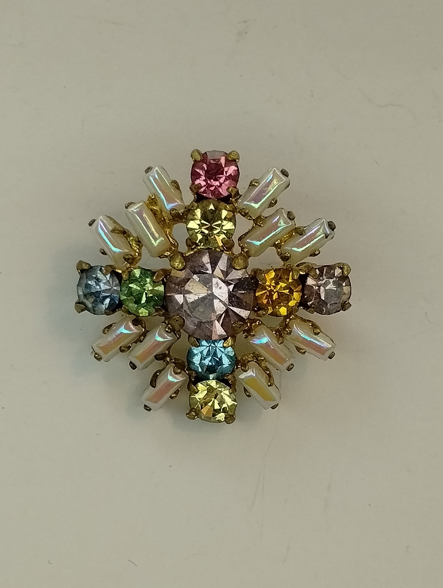 Vintage Made in Germany Gold Tone Pastel Rhinestone Starburst Brooch Pin