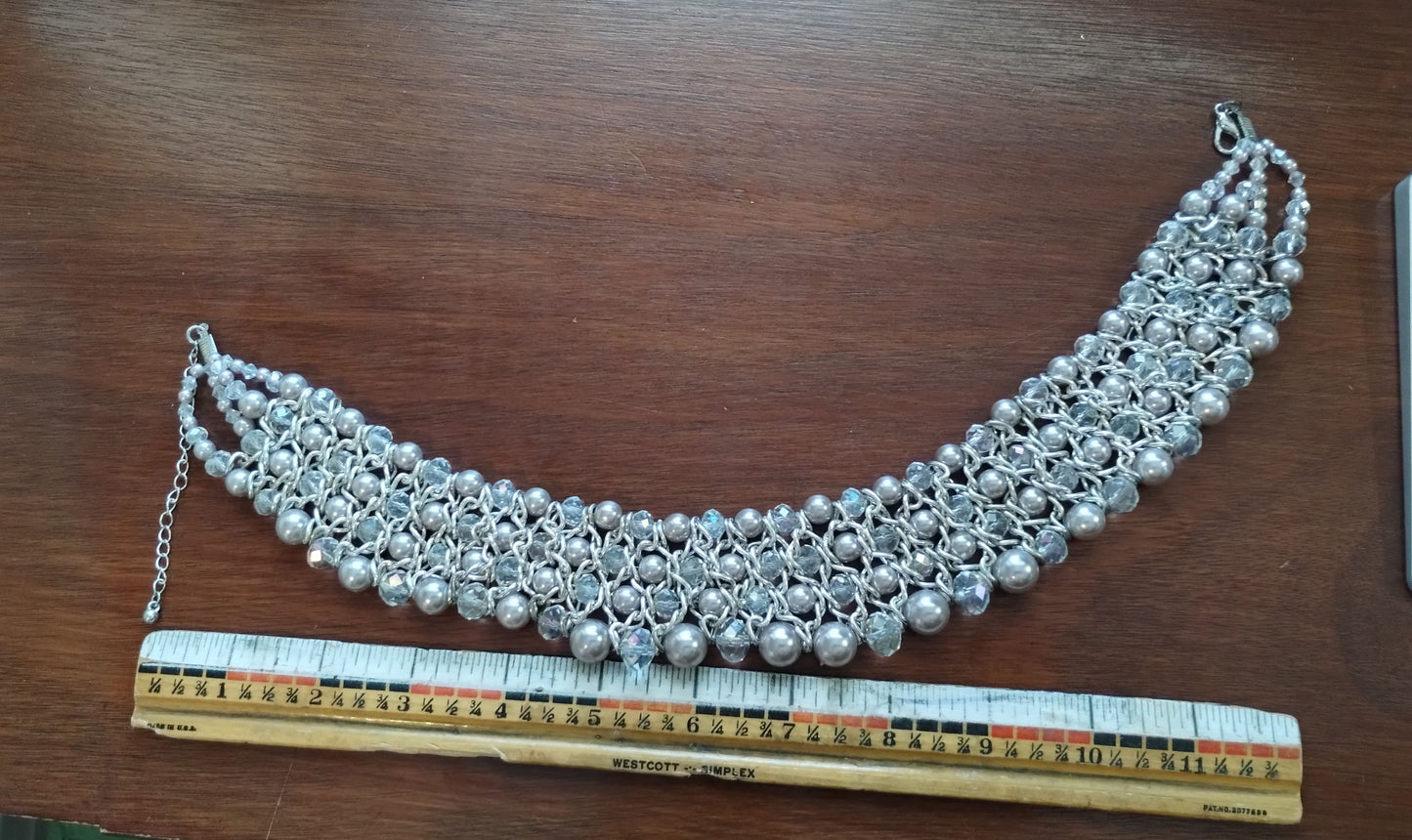 Vtg Silver Tone Choker Necklace & Cuff Bracelet Silver Ball Beads & Rhinestone