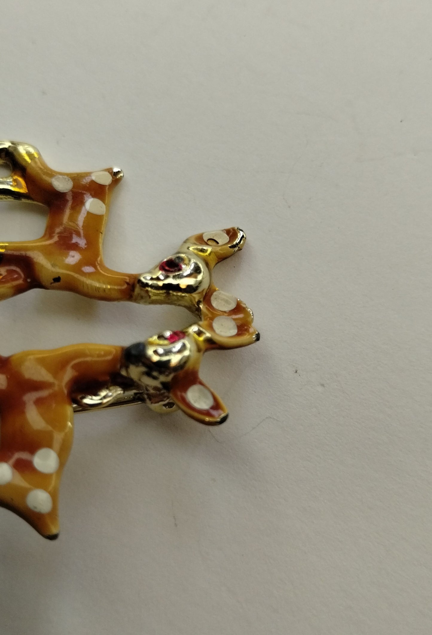 Vintage Gold Tone Enamel Rhinestone Eyes Deer Fawn Brooch Pin