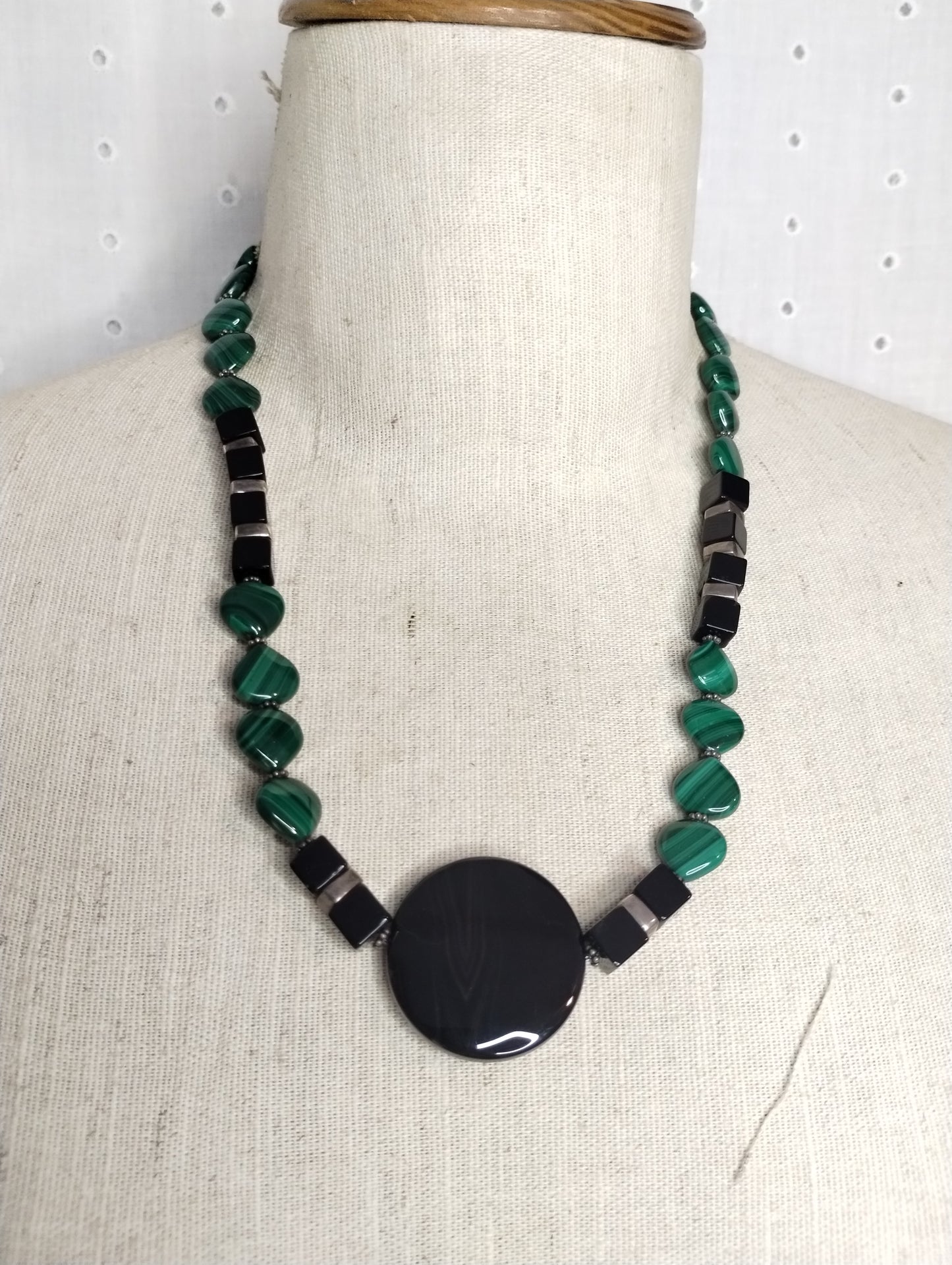Sterling Silver 925 Onyx Malachite Modern Bead Necklace 22 1/4" Long