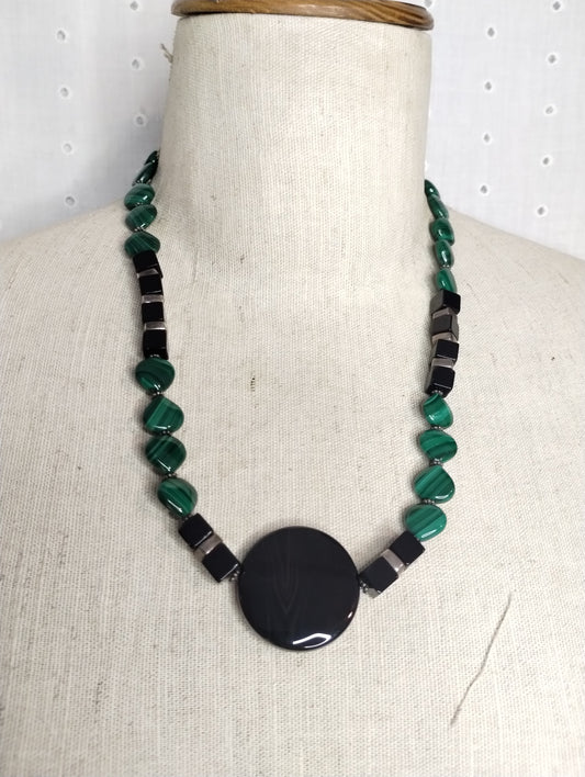 Sterling Silver 925 Onyx Malachite Modern Bead Necklace 22 1/4" Long