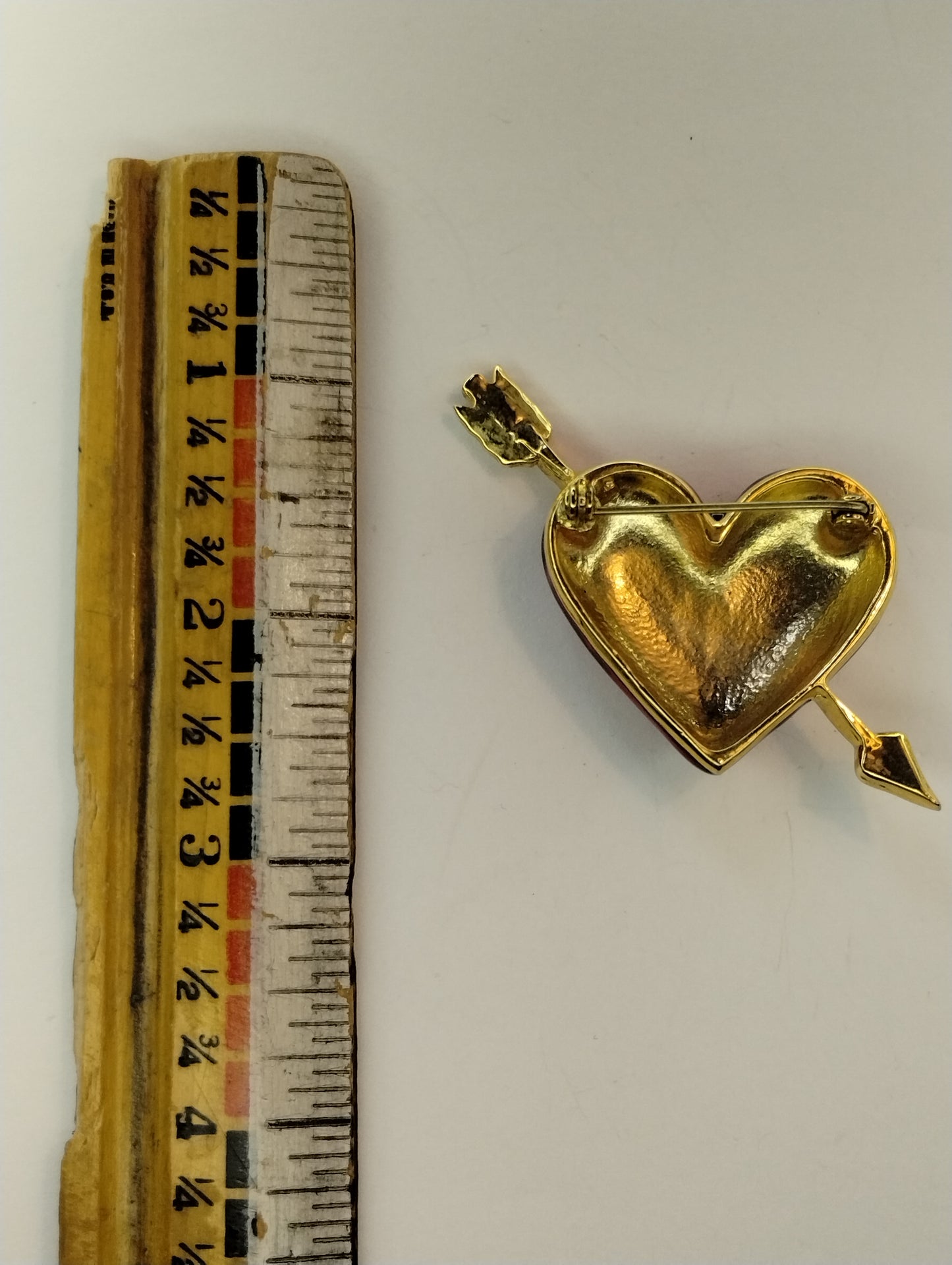 Vintage Gold Tone Red Guilloche Enamel Puffy Heart Arrow Brooch Pin