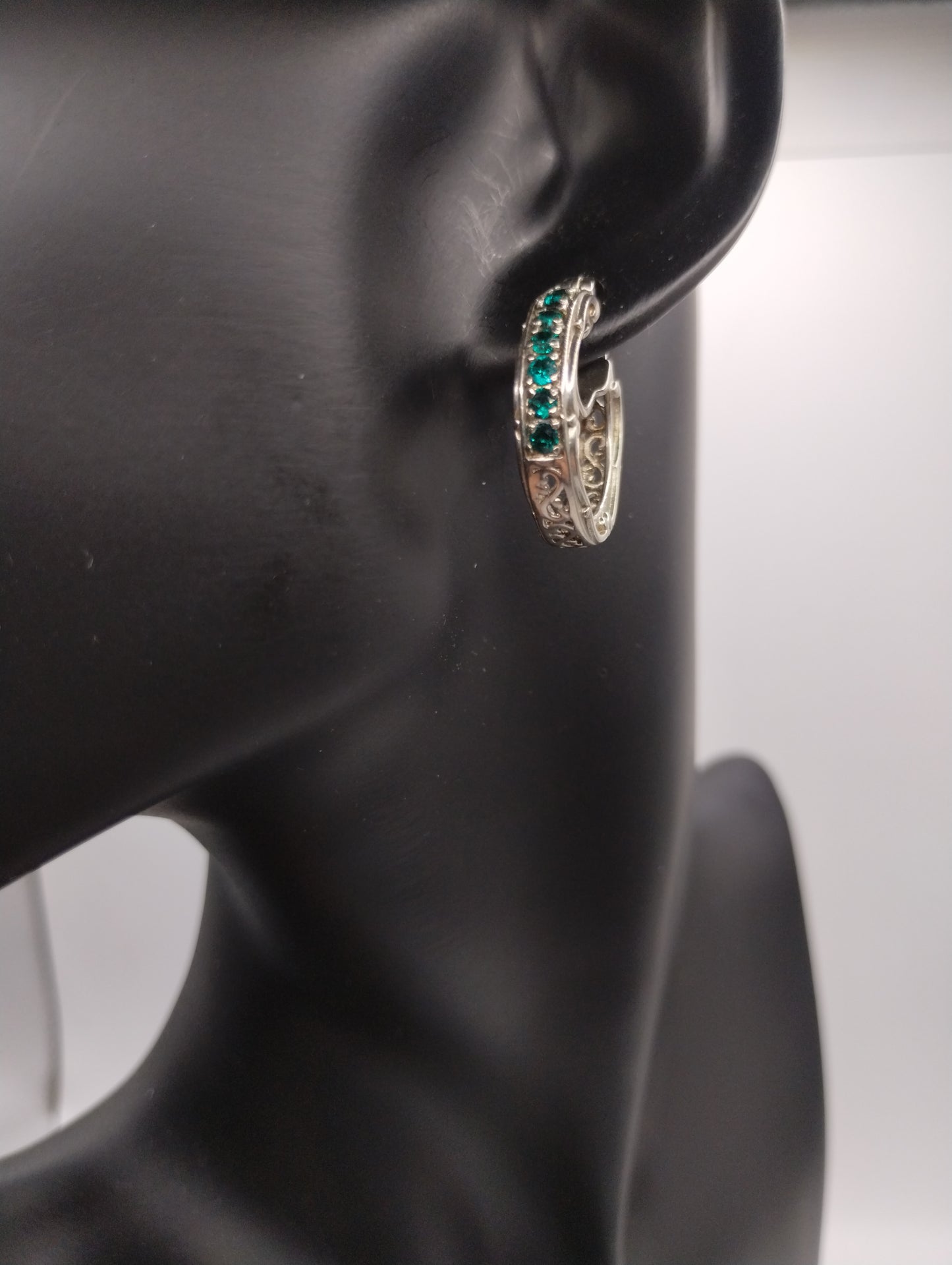 Designer Signed STS Karis Teal Green Blue Silver Tone Hoop Earrings