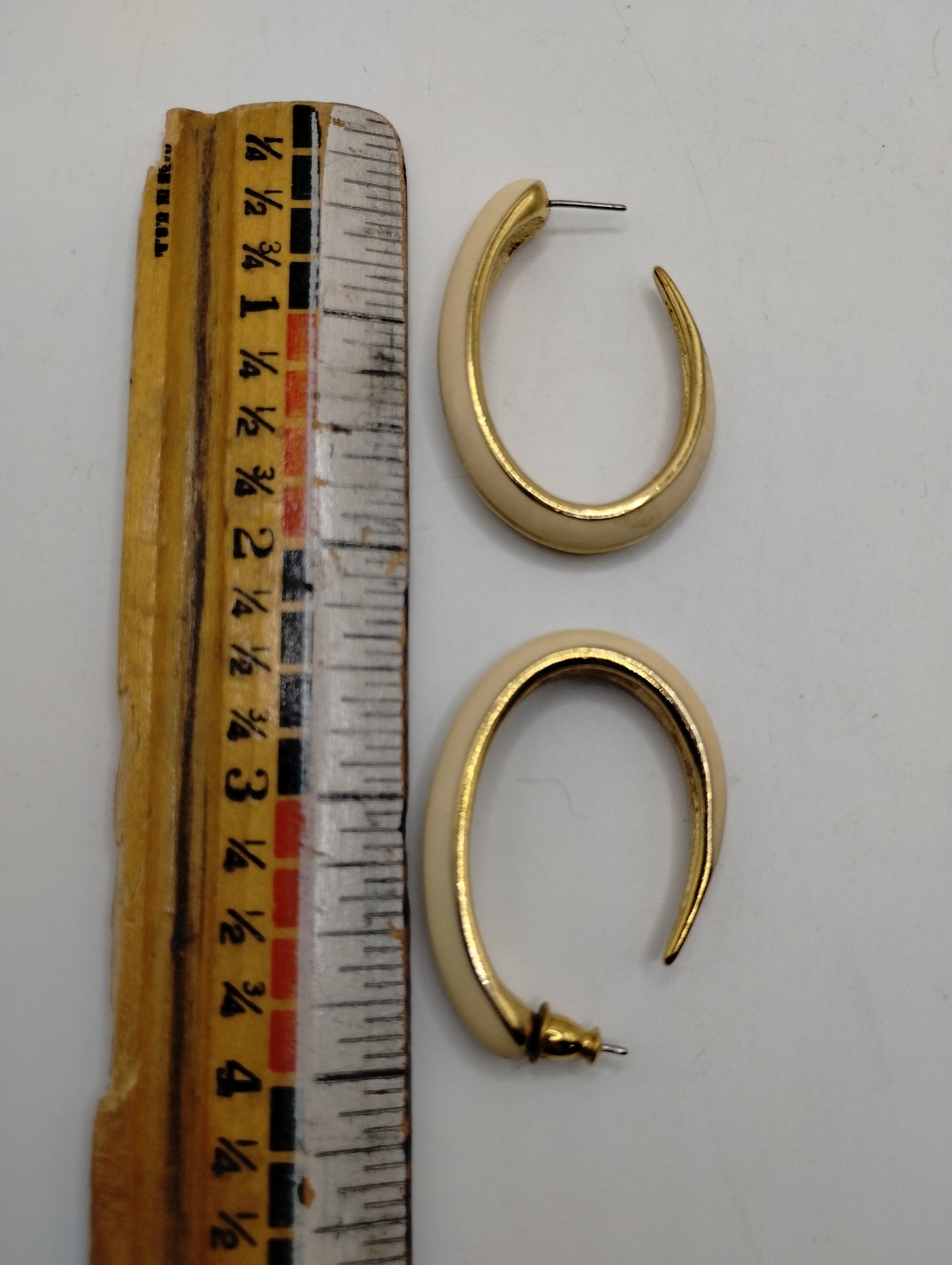Vintage Signed Trifari Large Gold Tone Ivory Cream Enamel Hoop Pierced Earrings