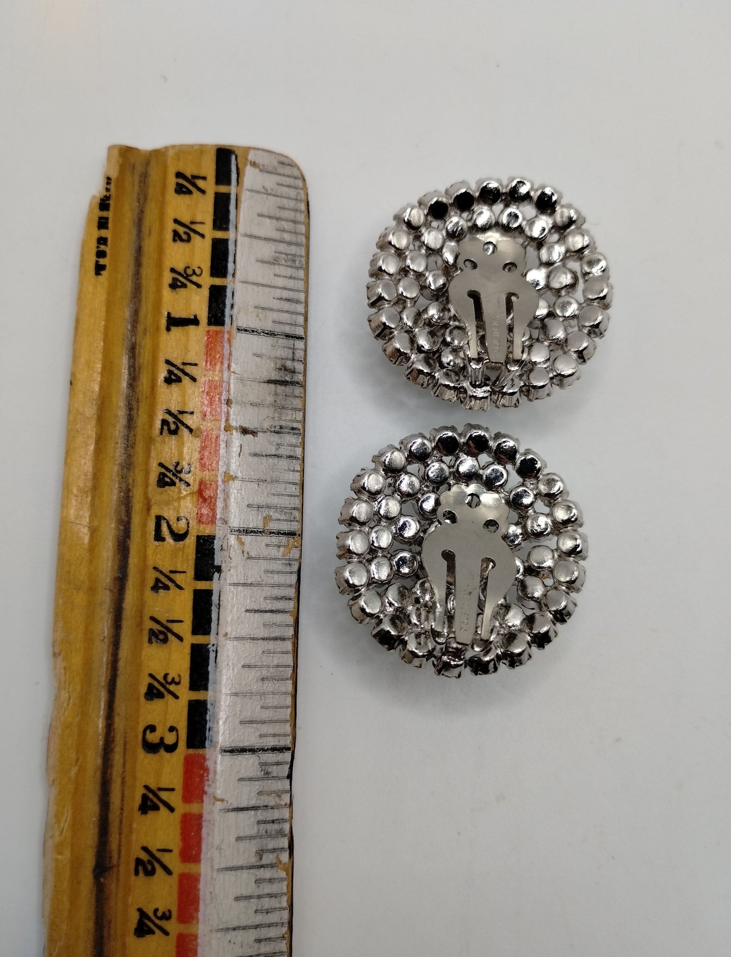 Vintage Austria Silver Tone Rhinestone Crystal Cluster Domed Clip On Earrings