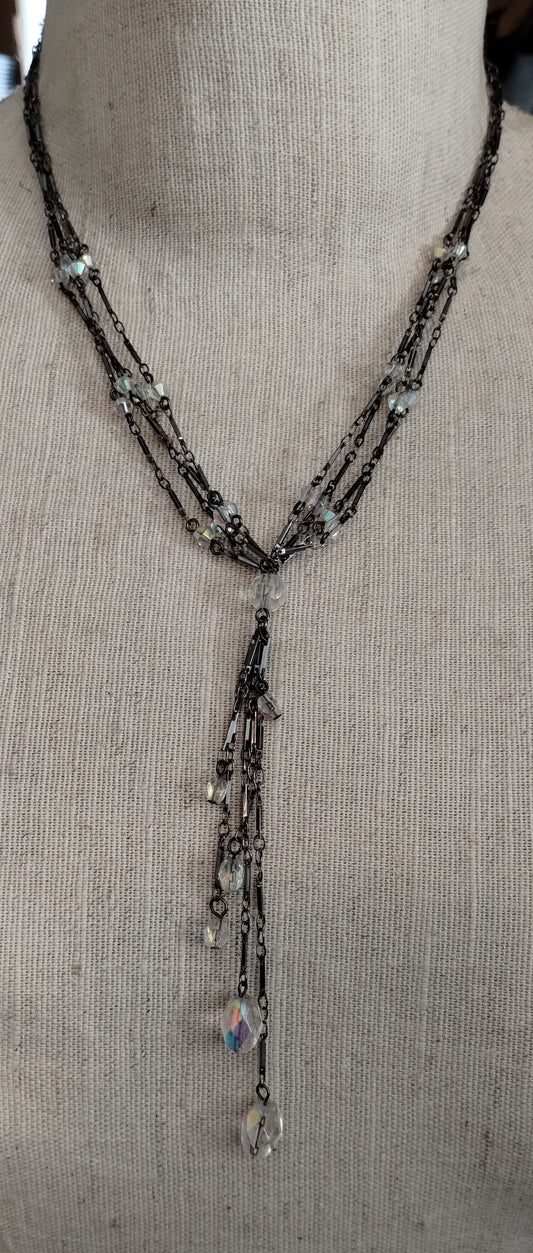 Vintage Multi Strand Black Seed & Aurora Borealis Bead Tassel Necklace