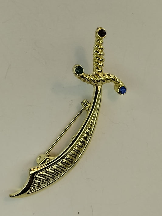 Vintage Signed Gerry's Gold Tone Sword Machette Blue Rhinestone Brooch Pin