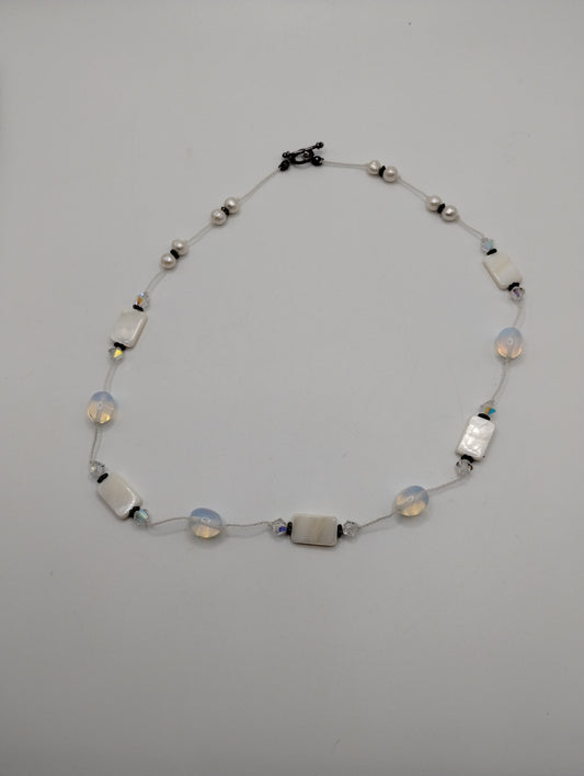Silver Tone Glass AB Aurora Borealis Vaseline Style Bead Necklace