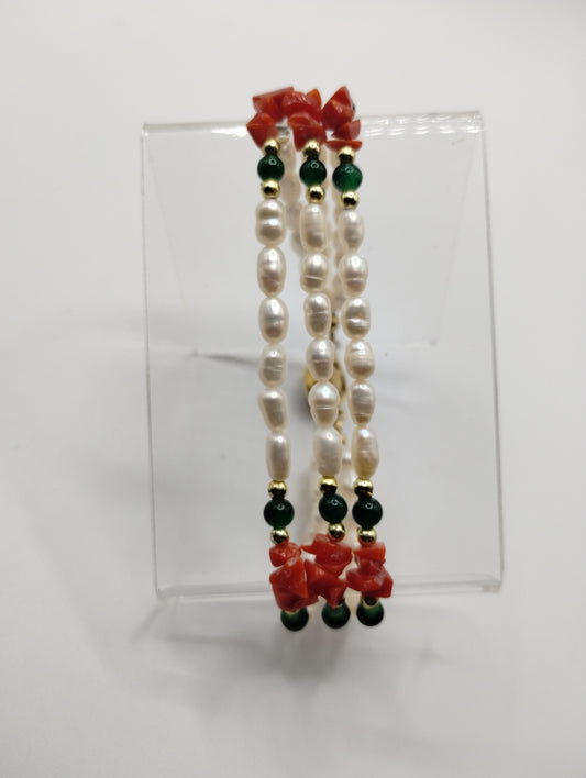 Vintage Multistrand Freshwater Pearl Jade Coral Bracelet