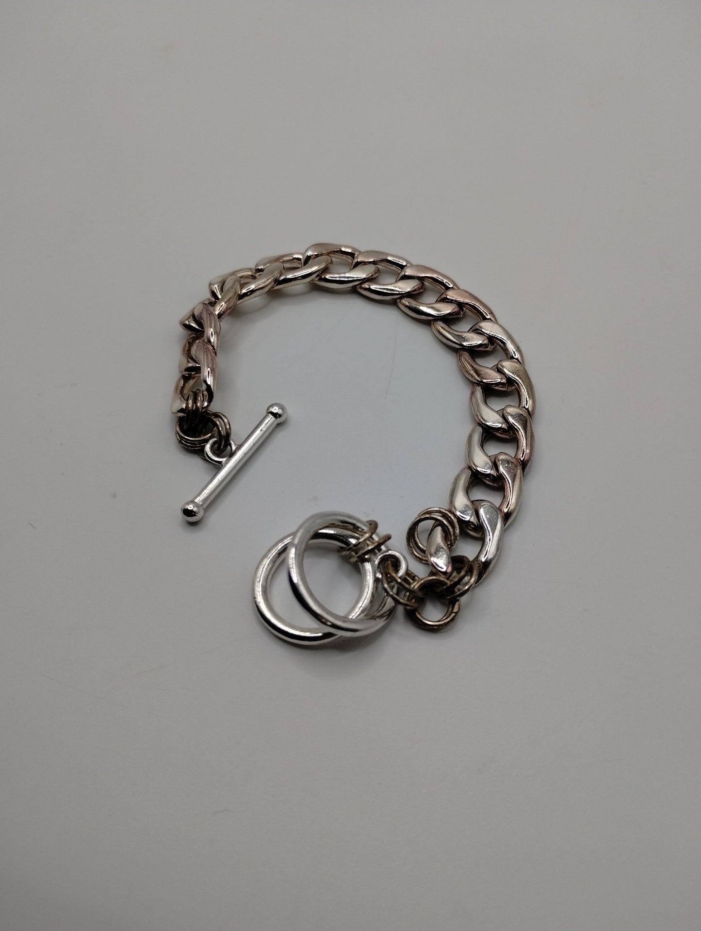 Silver Tone Wide Heavy Curb Chain Bracelet Toggle Clasp