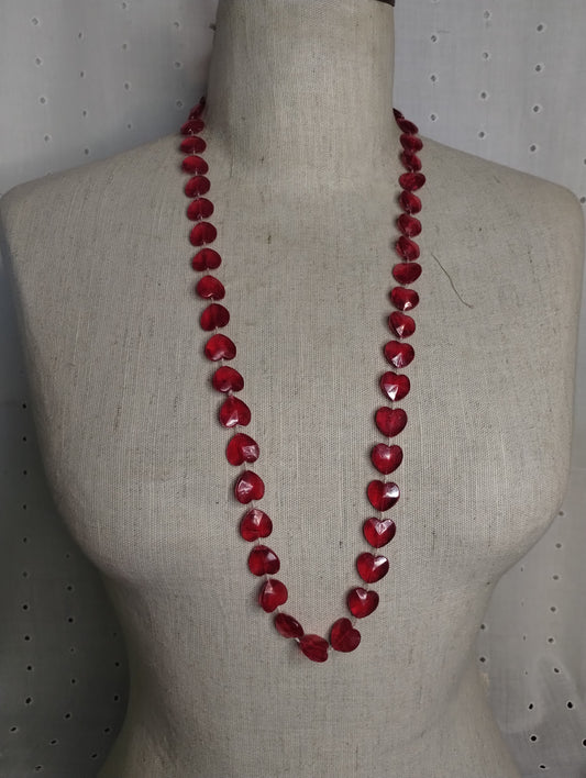 Sweet Cute Red Plastic Faceted Heart Cord Necklace 32" Long