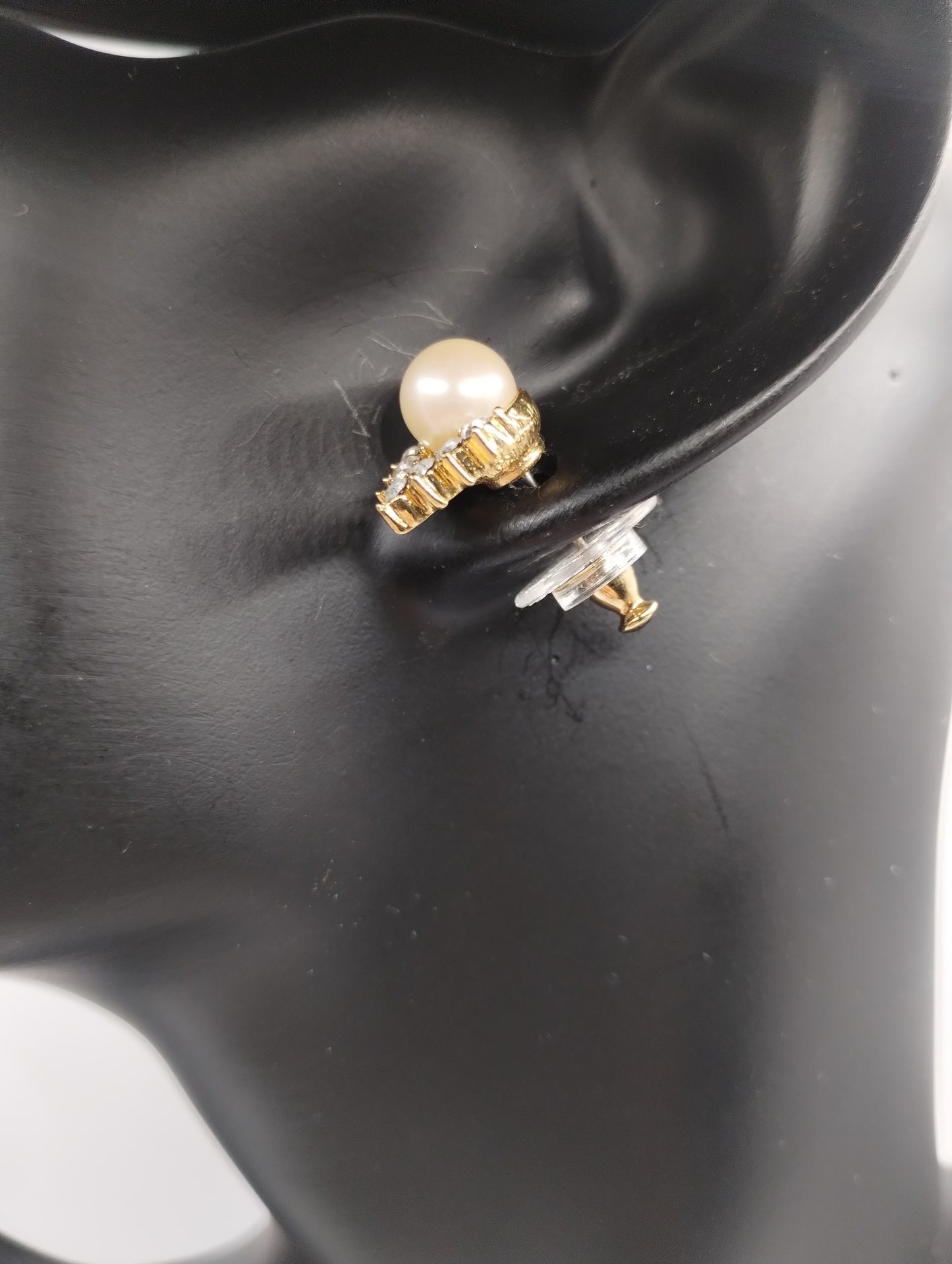 Vintage Signed Monet Gold Tone Faux Pearl Rhinestone Stud Earrings Pierced