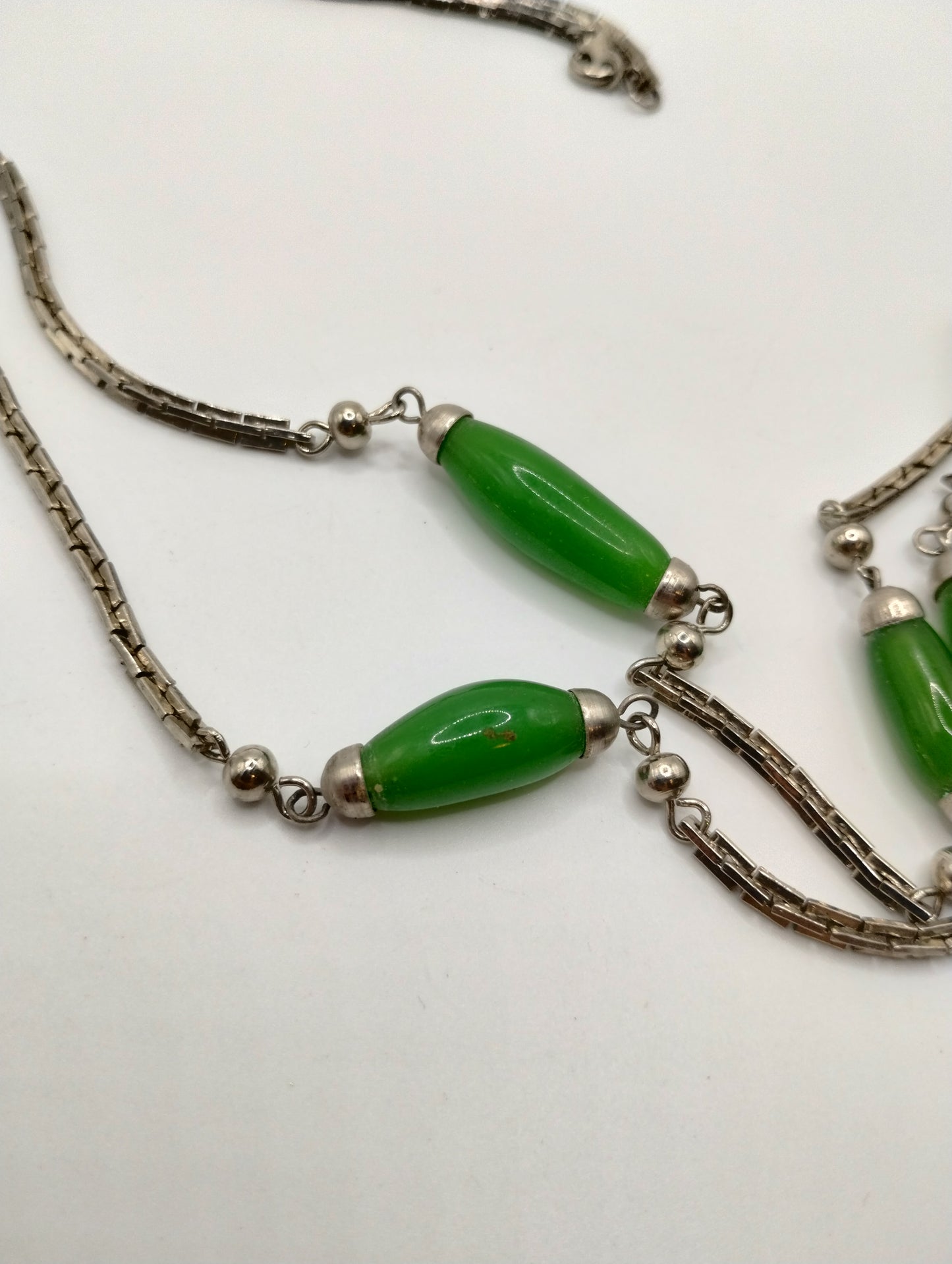 Vintage Silver Tone Large Green Beads 36" Long Specialty Chain Necklace