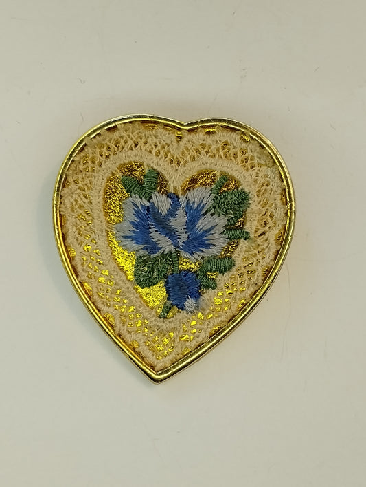 Vintage Gold Tone Heart Shaped Floral Embroidered Crochet Sample Brooch Pin