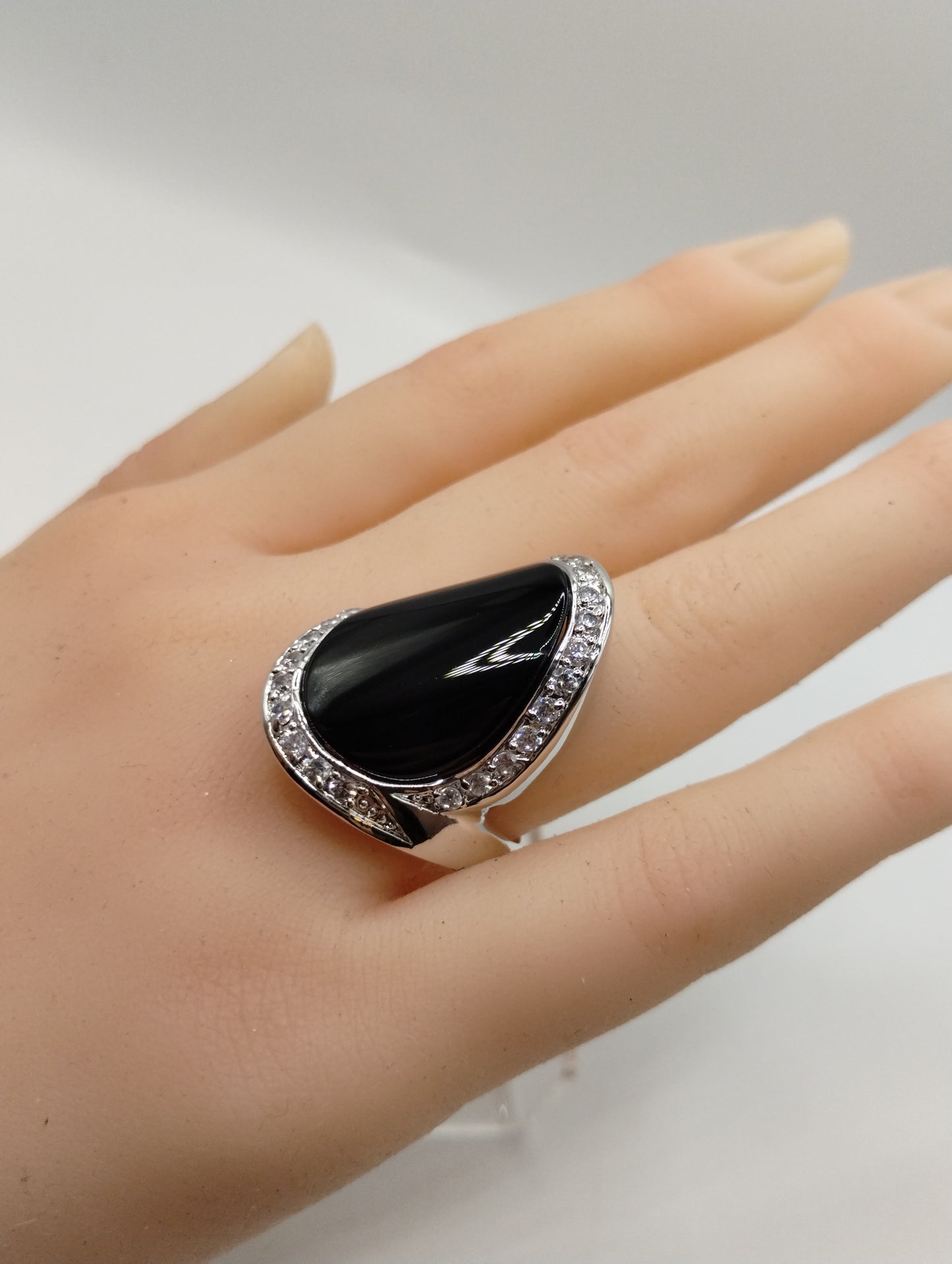 Silver Tone Black CZ Halo Modern Cocktail Fashion Ring Sz 8