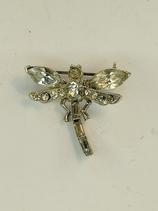 Vintage Silver Tone Baguette Marquise Rhinestone Dragonfly Brooch Pin Insect