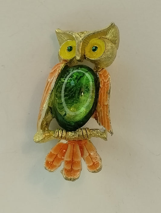 Vintage Signed JJ Enamel Green Jelly Belly Cabochon Owl Brooch Pin