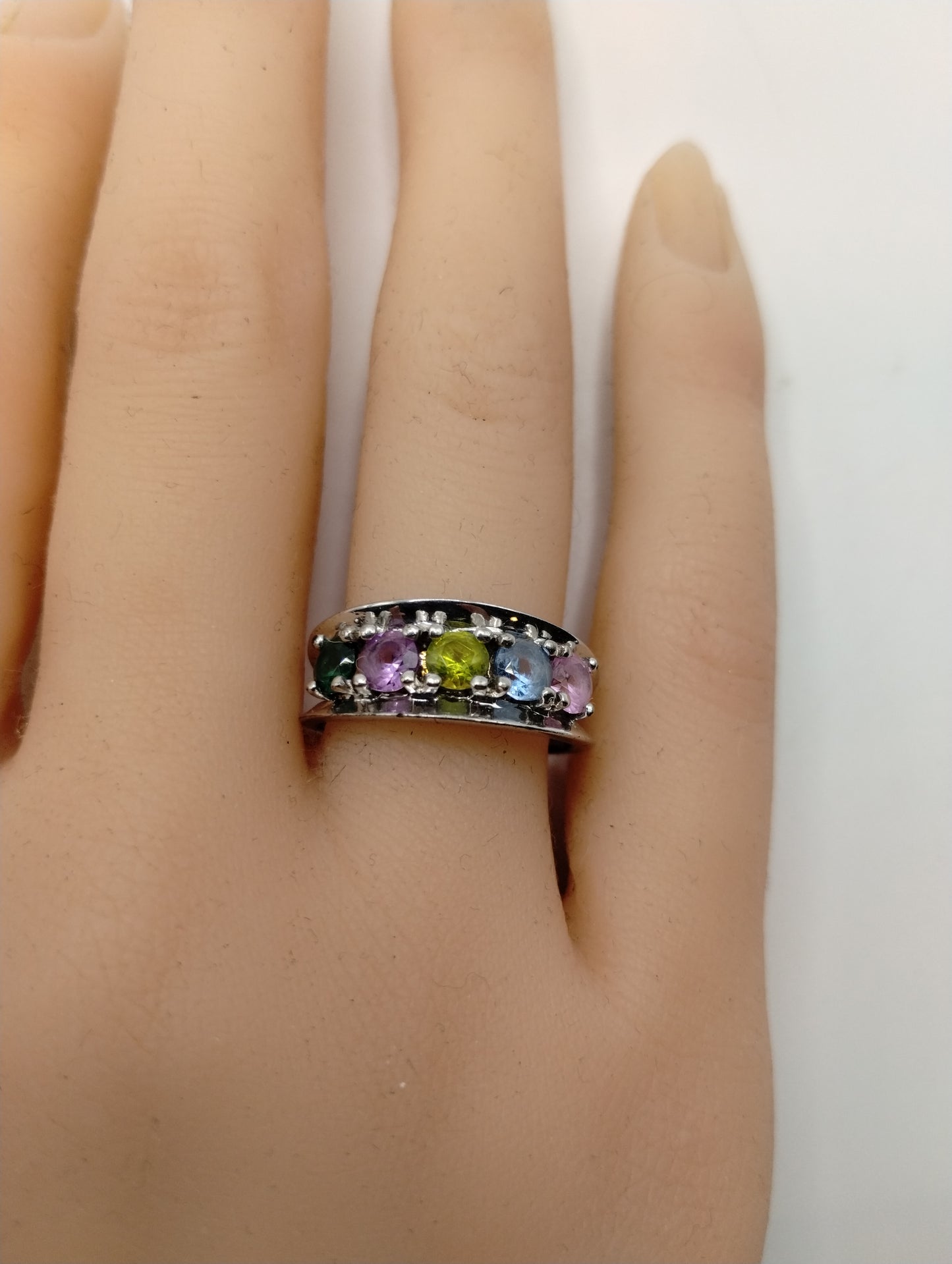 Vintage Sterling Silver 925 Pastel Rhinestone Band Ring Sz 7.25