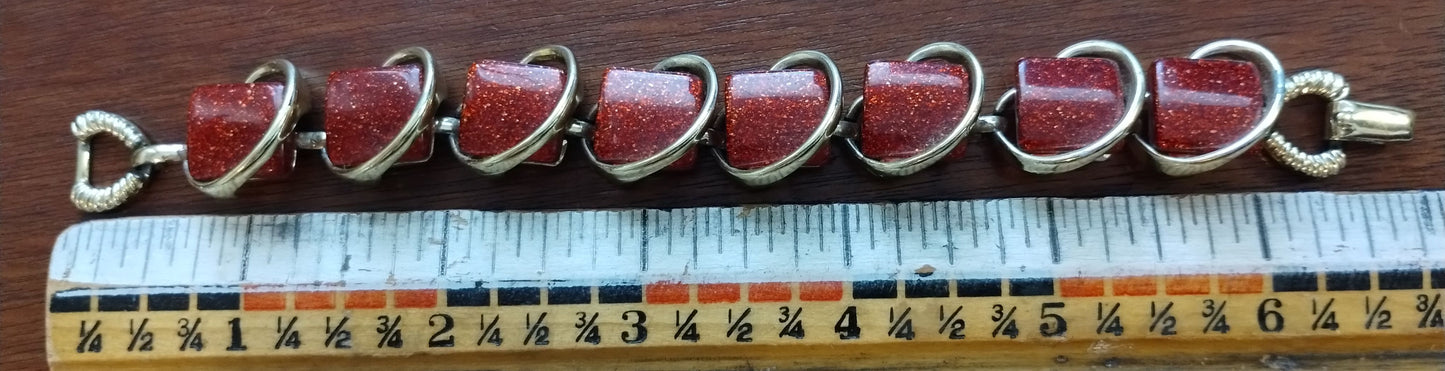 Vintage Chunky Gold Tone Bracelet Square Red Stones