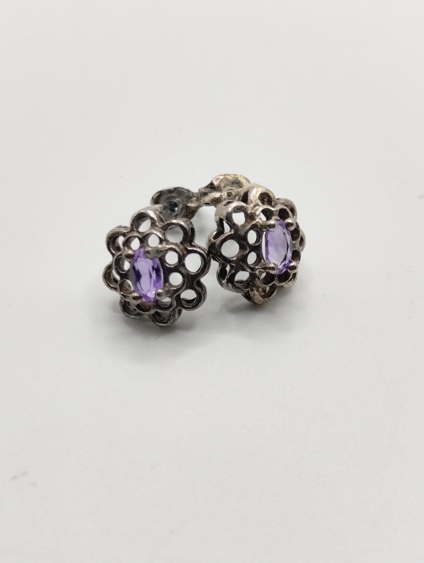 Sterling Silver 925 Marquise Amethyst Open Work Stud Pierced Earrings