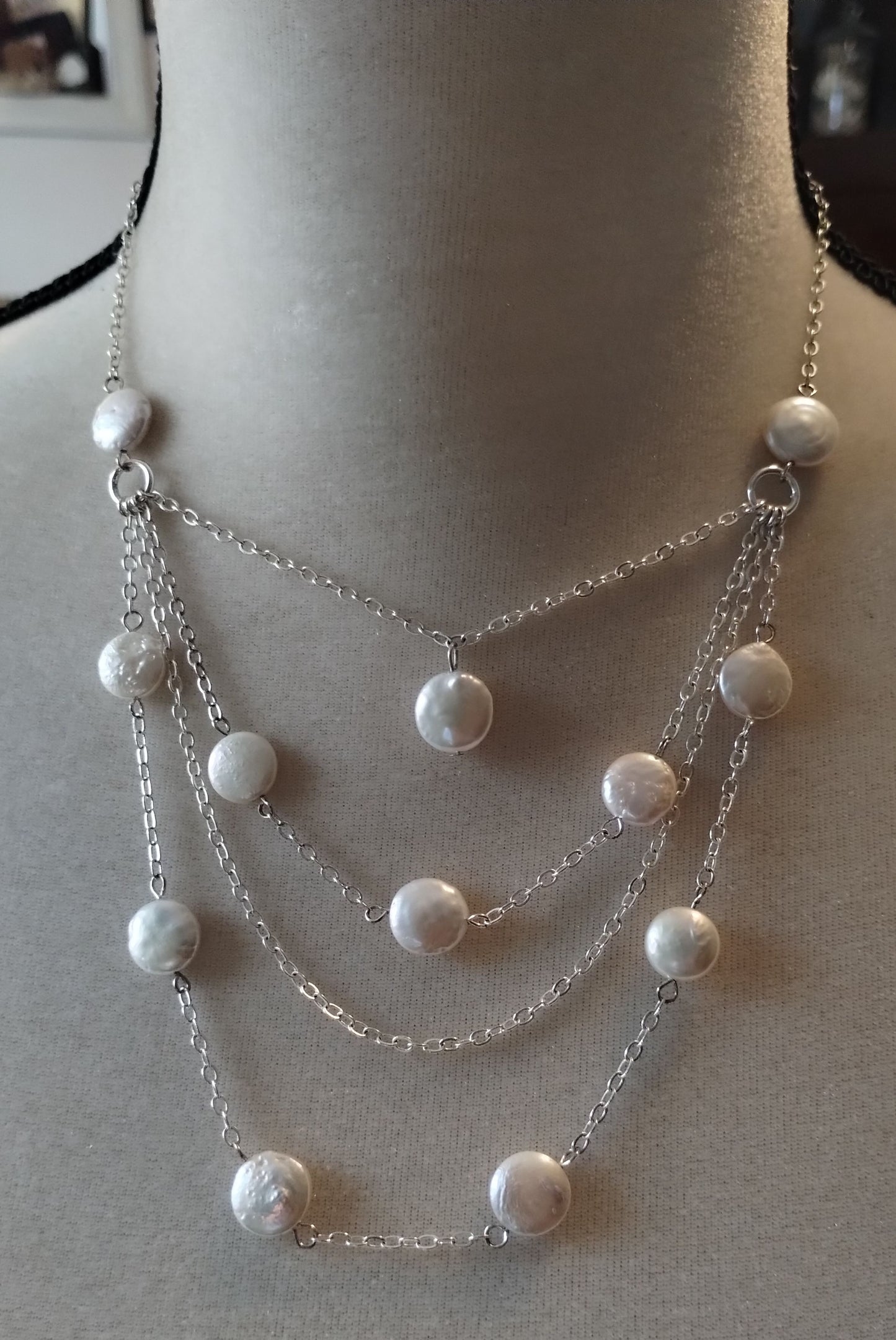 Silver Tone Faux Flat Pearl Multi Stran Chain Necklace