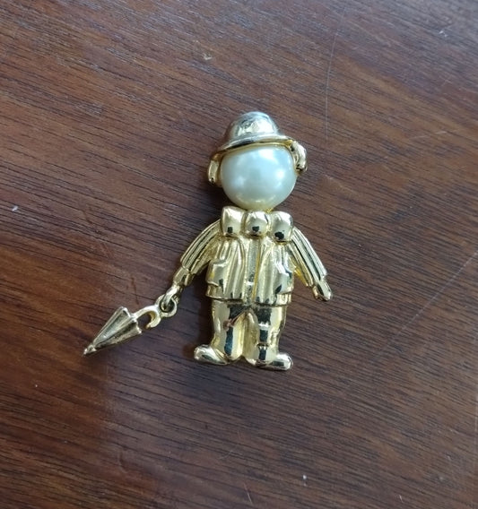 Vintage Gold Tone AAi Boy Faux Pearl Head Brooch Lapel Pin