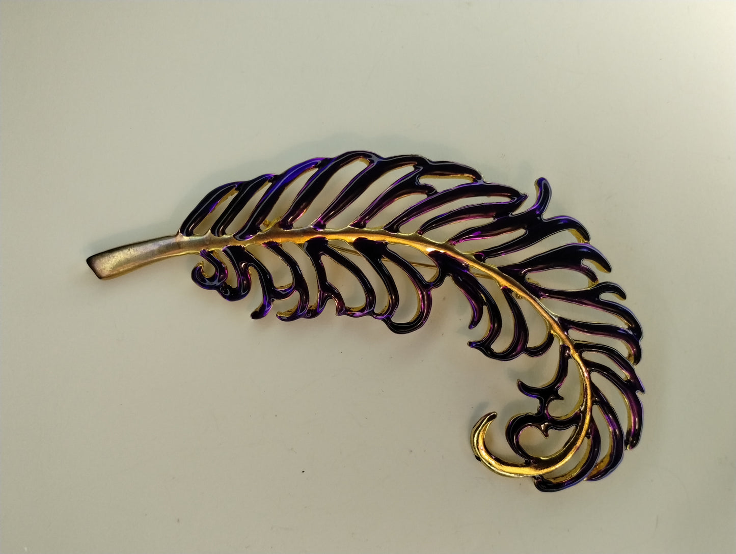 Massive Vintage Purple Enamel Gold Tone Feathery Leaf Brooch Pin