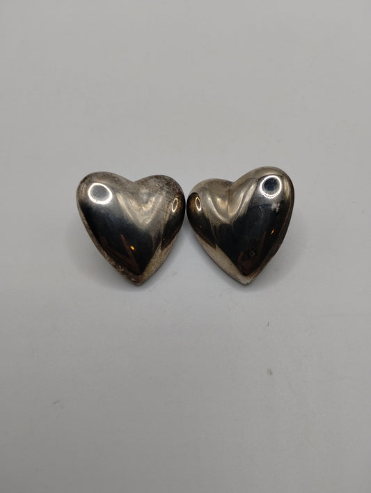 Vintage Silver Tone Hollow Puffy Heart Pierced Earrings