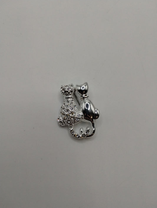 Silver Tone Two Cat Two Tone Cubic Zirconia Pin Brooch