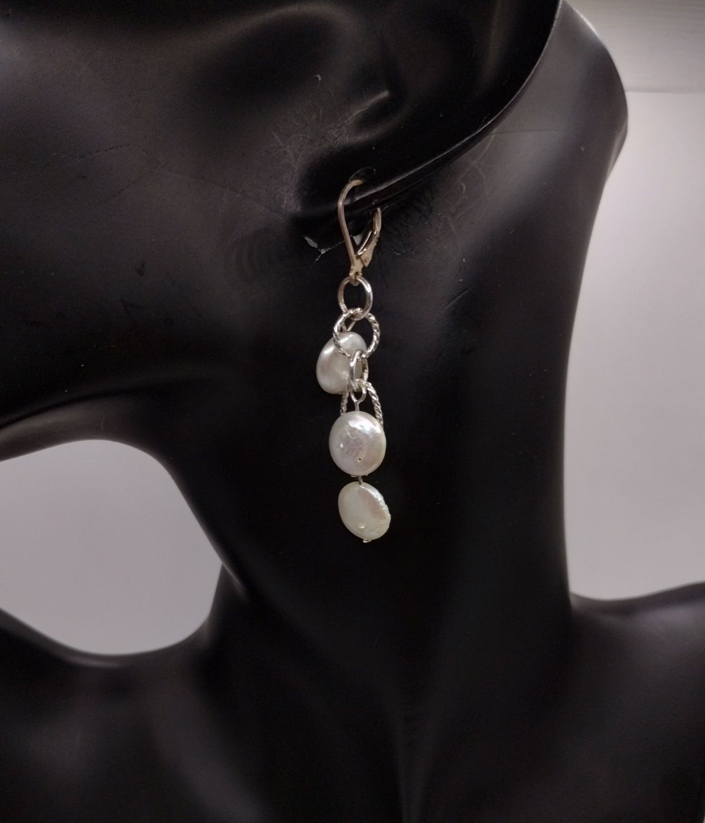 Silver Tone Faux Disk Pearl Oval Chain Necklace Sterling Silver 925 Earring Set