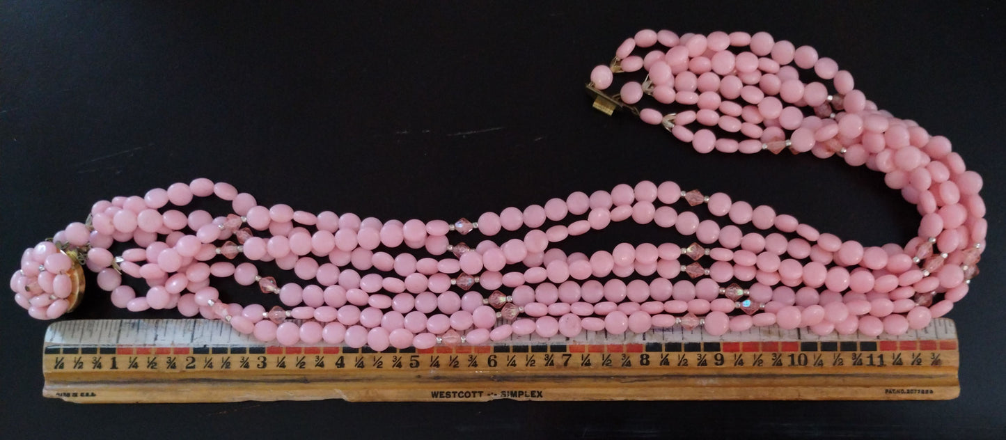 Vintage Pink Flat Beaded Multi Strand Necklace