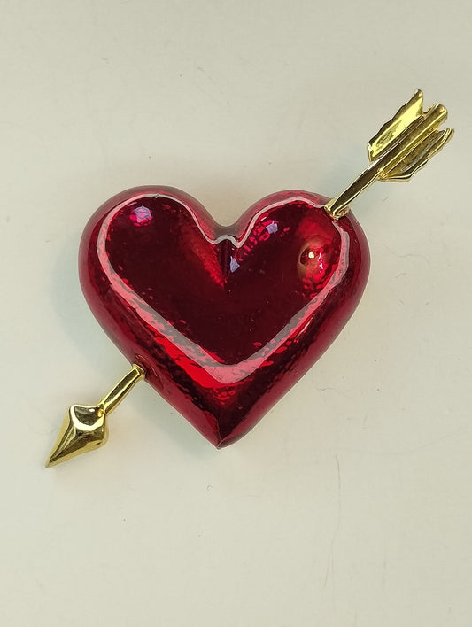 Vintage Gold Tone Red Guilloche Enamel Puffy Heart Arrow Brooch Pin