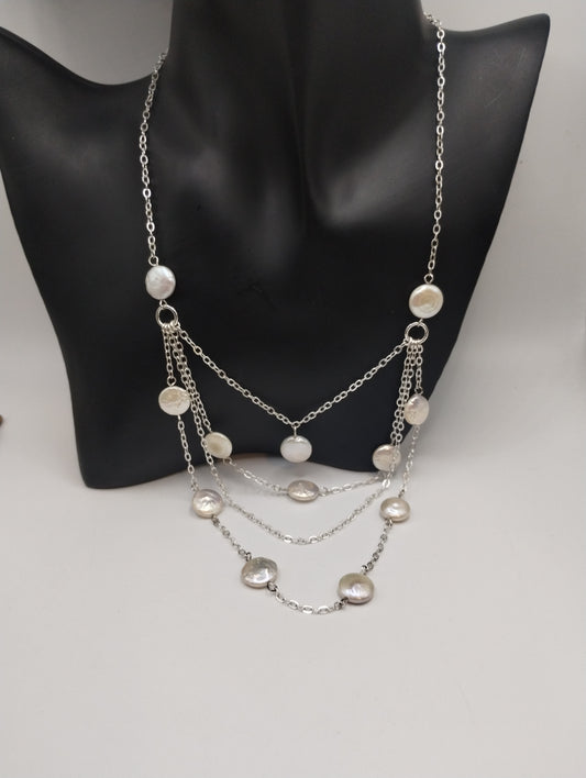 Silver Tone Faux Flat Pearl Multi Stran Chain Necklace