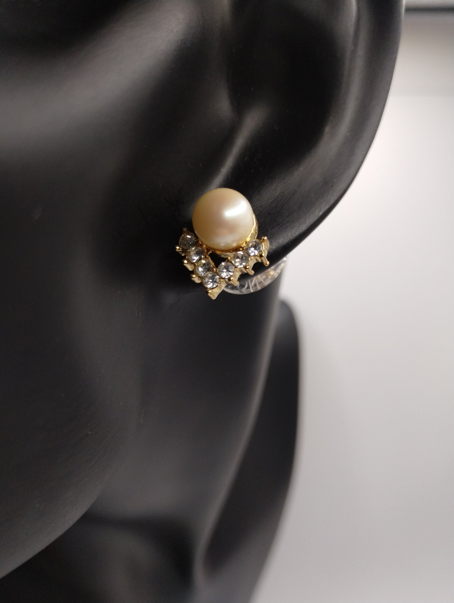 Vintage Signed Monet Gold Tone Faux Pearl Rhinestone Stud Earrings Pierced