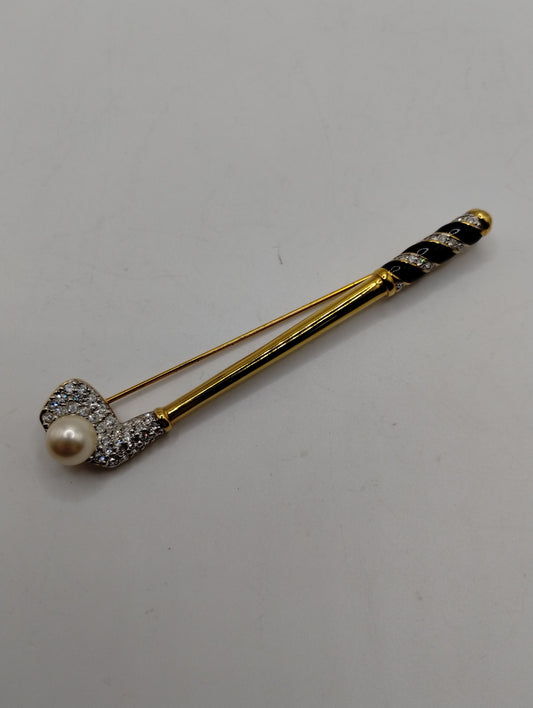 Vintage Signed Swarovski Gold Tone Enamel Crystal Golf Club Bar Brooch Pin