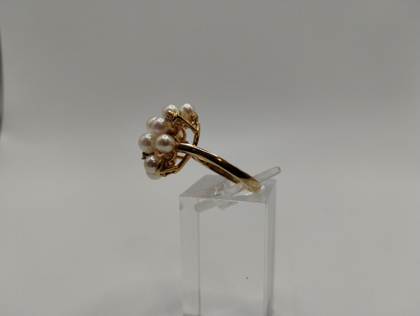 14k Yellow Gold Pearl Cluster Diamond Cocktail Ring Sz 5.75